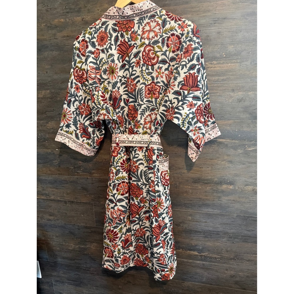 Pottery Barn Floral Block Print Robe Multicolor Cotton Kimono Wrap Belted O/S - Picture 2 of 4